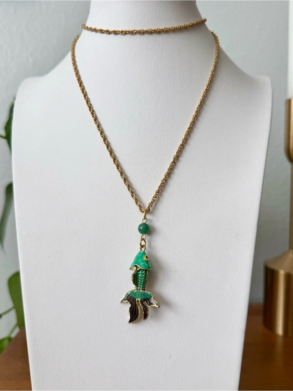 Vintage Green Cloisonné Enamel Articulated Koi Fish Pendant Necklace Gold-tone
